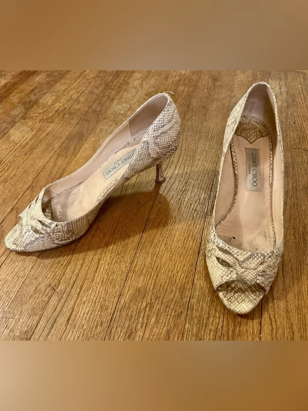 Jimmy Choo Beige Snake-Print Peep Toe Heels - 40.5